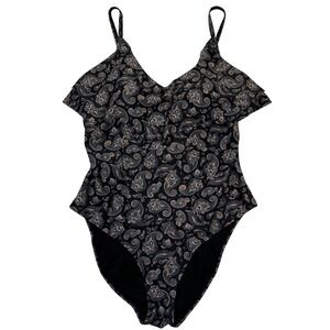 Primark Dark Navy, Peach, White Paisley Ruffle Top One Piece Swimsuit Size 12